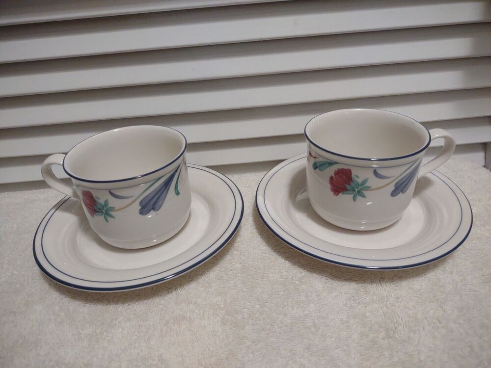 Lenox Chinastone Poppies on Blue Coffee Tea Cup and Saucer Set of 2 pairs